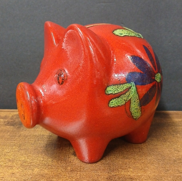 Vintage Stoneware Piggy Bank Glazed Floral Coin Container - Picture 2 of 10